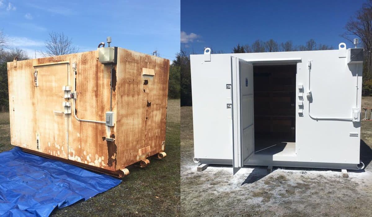 A before and after picture of a rusty container and a white container