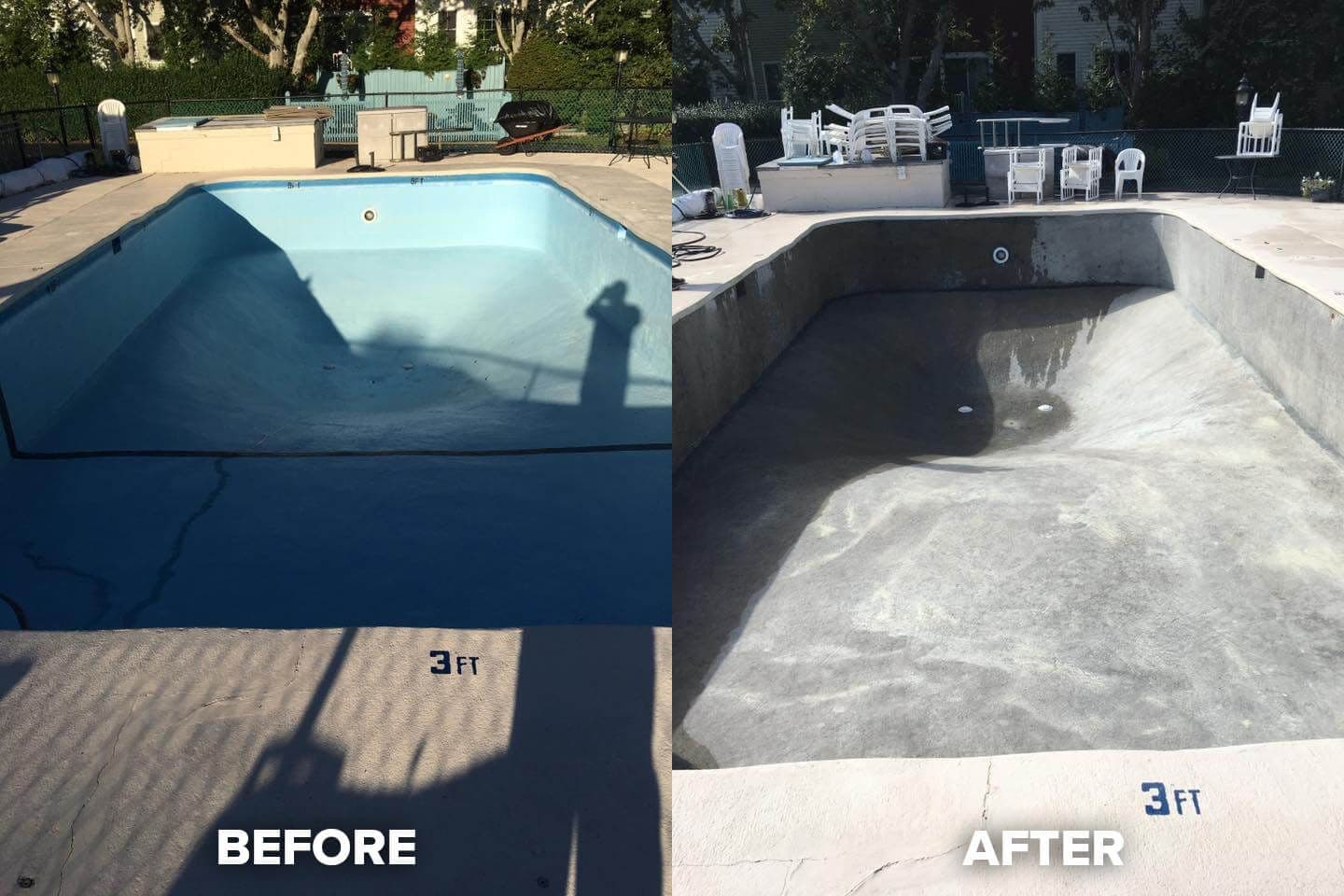 A before and after photo of a swimming pool